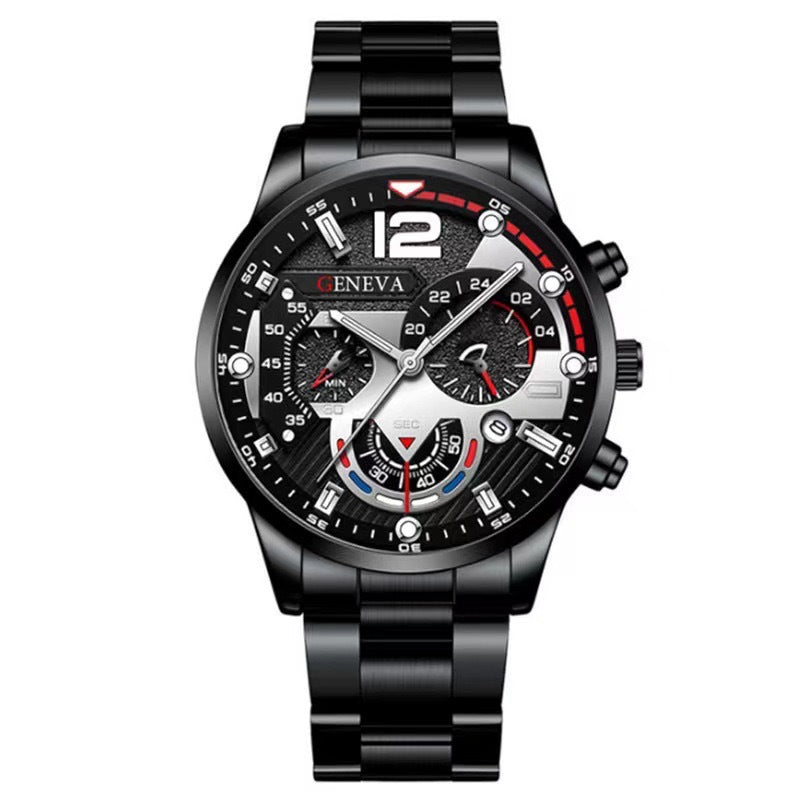 2Pcs Men’s Luxury Steel Strip Quartz Watch & Bracelet Set – Fashion Business Three-Eye Wristwatch Set for Men | Modern Elegant Gift Set