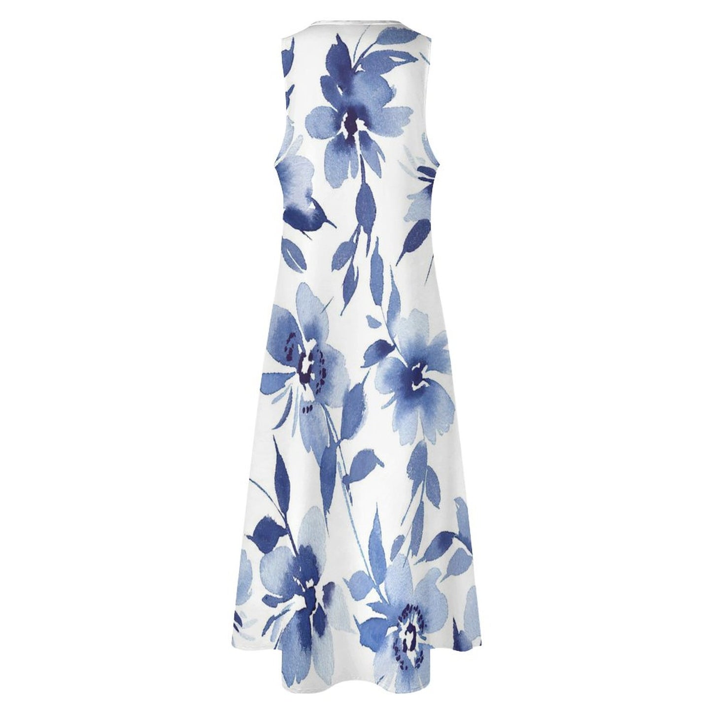 Elegant White Sleeveless Ankle-Length Dress with Blue Butterflies | Women's Dress