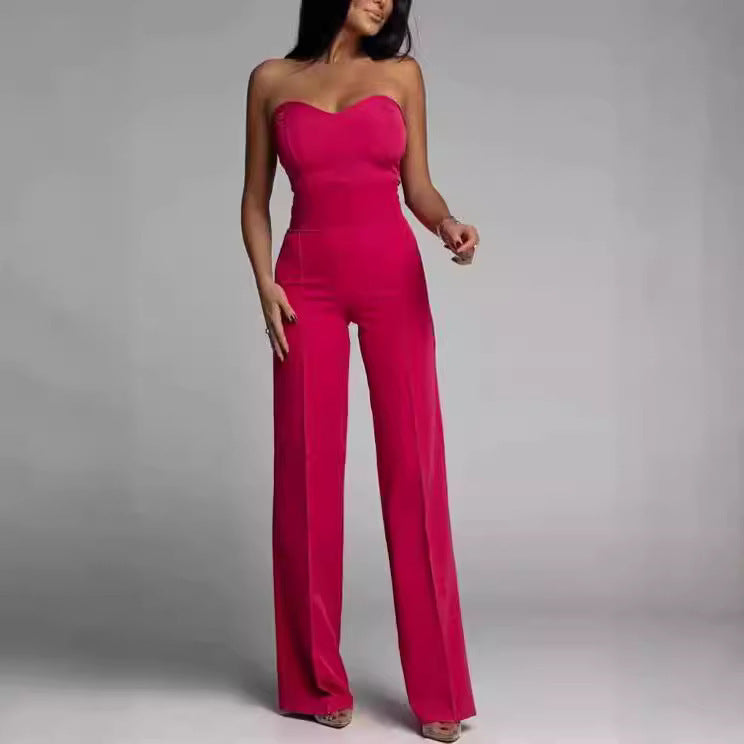 Women’s Slim-Fit Tube Top Straight Leg Jumpsuit – Chic Strapless One-Piece Outfit