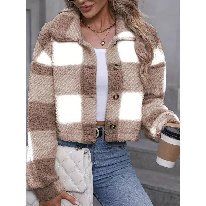 Plaid Pattern Plush Button Cardigan – Cozy Casual Warm Coat for Women, Soft Winter Jacket, Oversized Fall Sweater Coat, Trendy Outerwear Gift