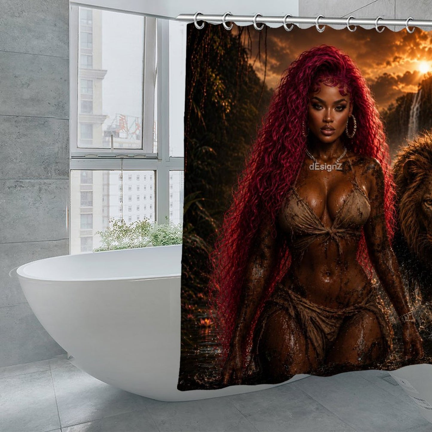 Jungle Queen Lion Shower Curtain, Black Woman Bathroom Decor, Pink Hair Goddess Art, Moody Jungle Bath Decor