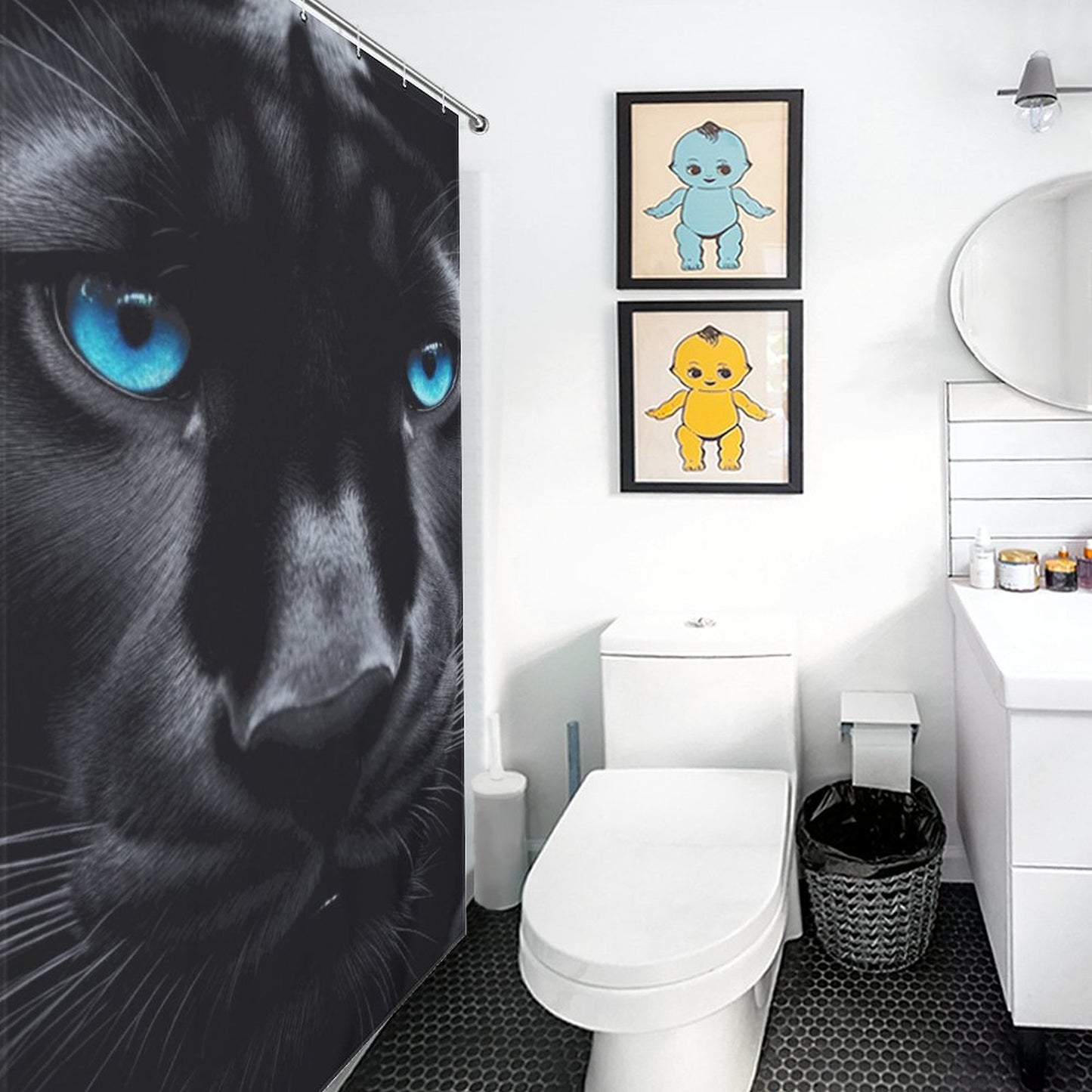 Fierce Black Panther Shower Curtain with Striking Blue Eyes – Bold Animal Design  | Bold African-Inspired Home Decor