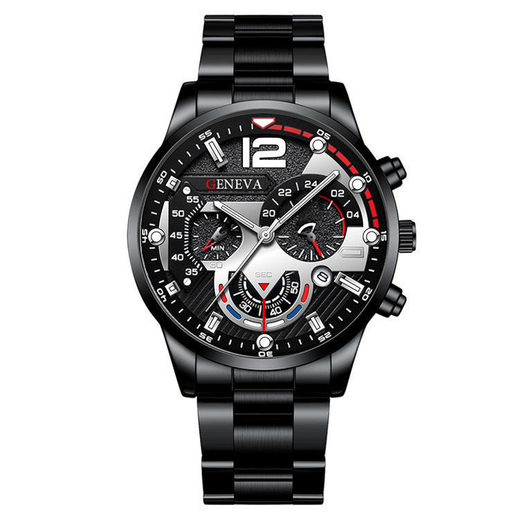2Pcs Men’s Luxury Steel Strip Quartz Watch & Bracelet Set – Fashion Business Three-Eye Wristwatch Set for Men | Modern Elegant Gift Set