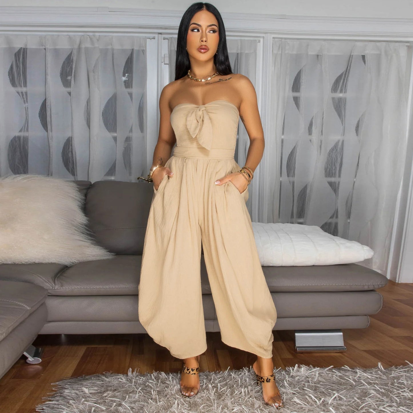 Sleek Chest Wrap Collar Jumpsuit – Elegant Solid Color One-Piece for Women