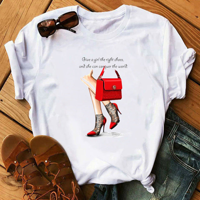 Women's High Heels Pattern Cute Loose Top T-shirt