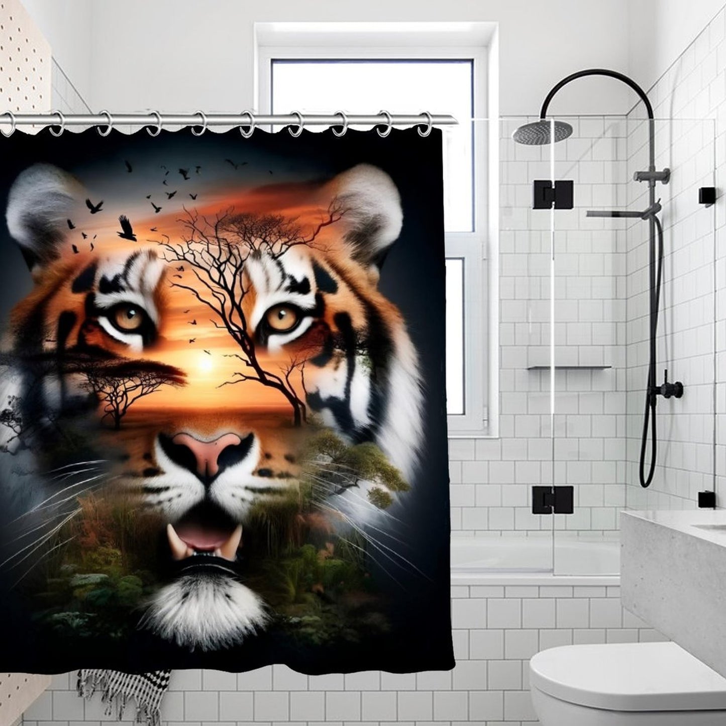 Mystical Tiger Sunset Shower Curtain, Masculine Wildlife Bathroom Decor, Safari Tiger Bath Curtain, Nature Animal Bathroom Set, Rustic Modern Bath Art