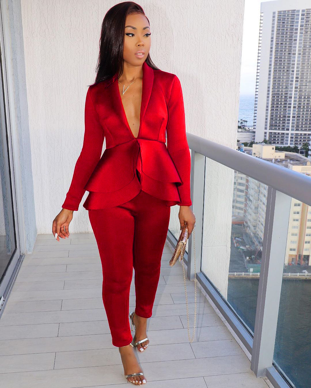 Women's Elegant Ruffle Blazer & Pant Set – Solid Color 2-Piece Suit | Chic Business Casual Outfit