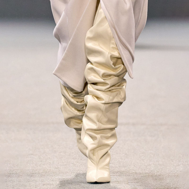 Catwalk Pleated Over-the-Knee Boots | Women’s Pointed Toe Wedge High Heel Boots | Stylish Winter Fashion Boots | Trendy Long Boots for Women