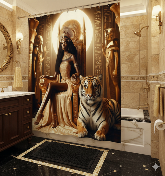 Majestic Queen on Throne with Tiger Waterproof Shower Curtain - Egyptian Gold & Black Luxury Bath Decor Waterproof Shower Curtain