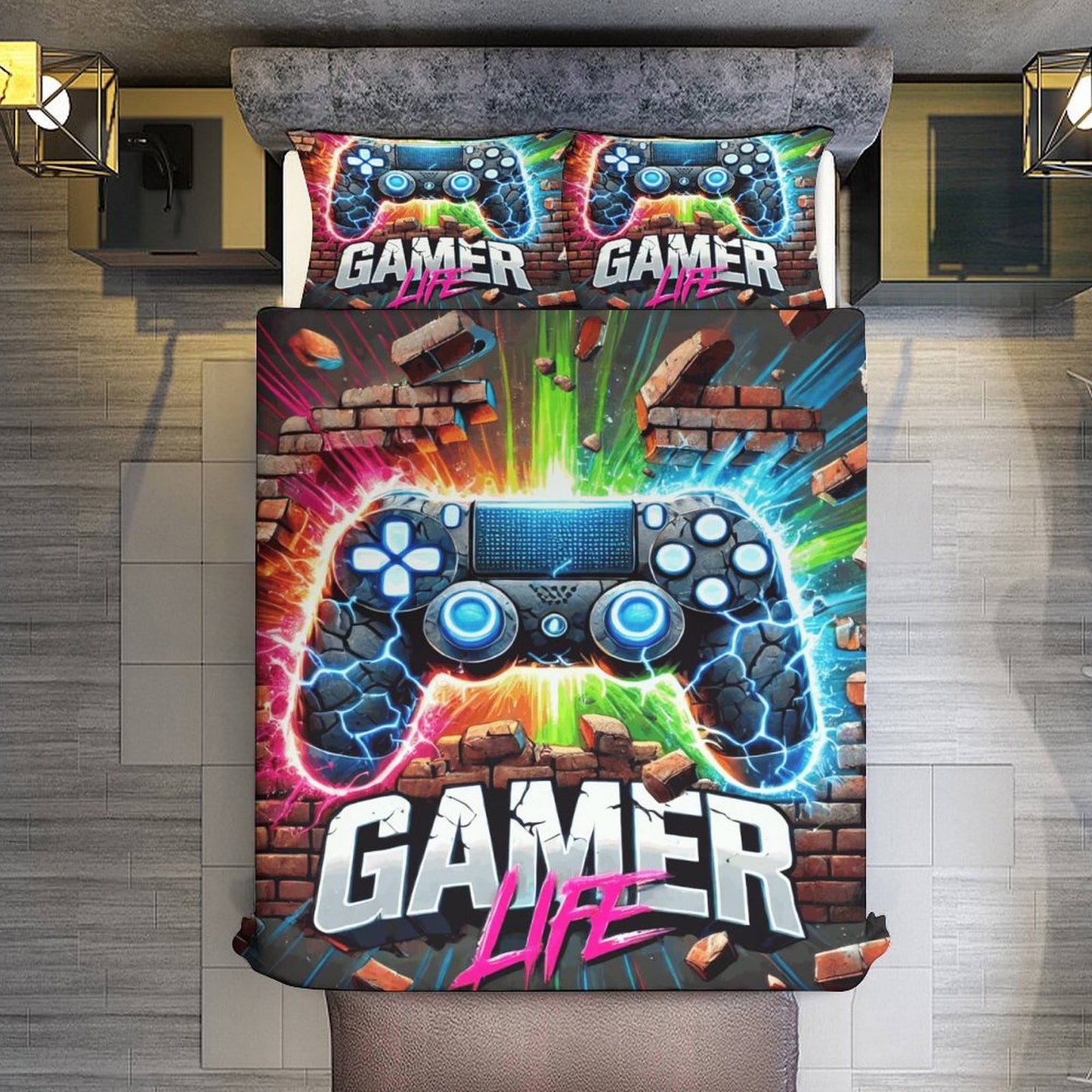 Boys Gamer Life 3-Piece Bedding Set – Dual-Sided Printing – 86"x70" Comforter with Pillowcases – Video Game Bedroom Decor