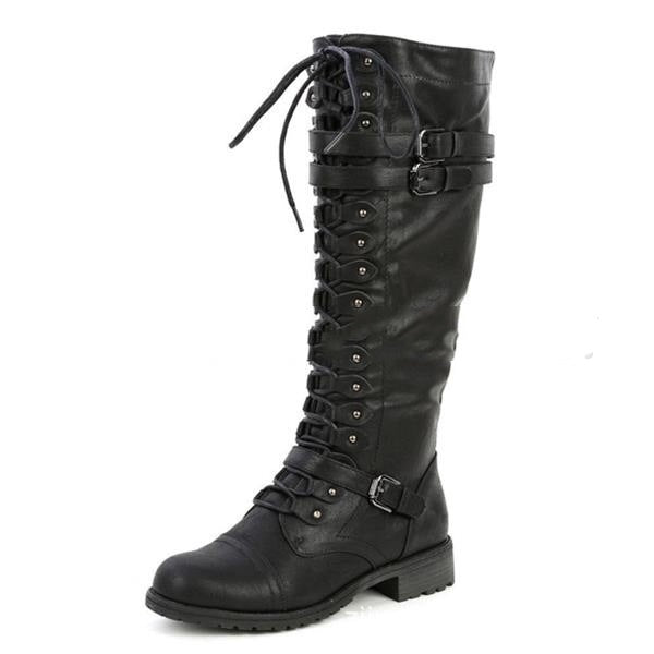 Round Toe Mid Heel Lace-up Side Zip Over-the-knee Boots