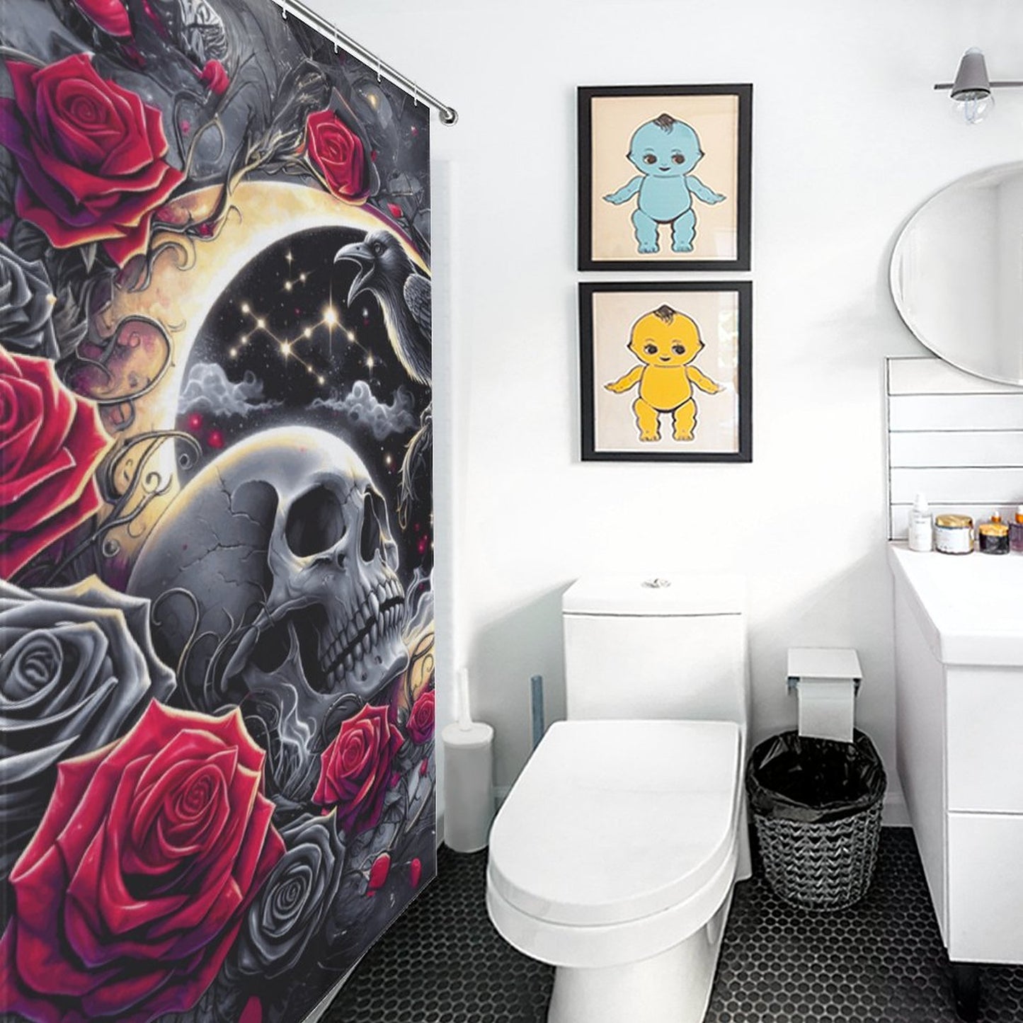 Mystic Skull & Roses Gothic Shower Curtain – Bathroom Decor