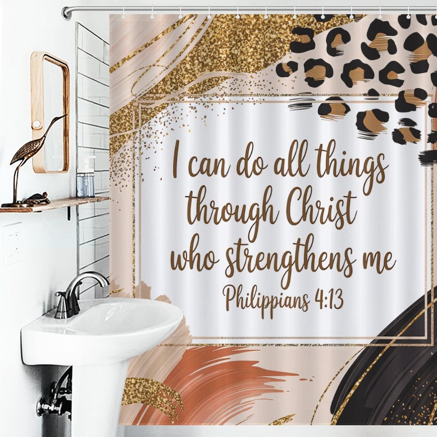Philippians 4:13 Shower Curtain – Pink, Gold & Leopard Print | Inspirational Bible Verse Bathroom Decor | Christian Faith Home Accent
