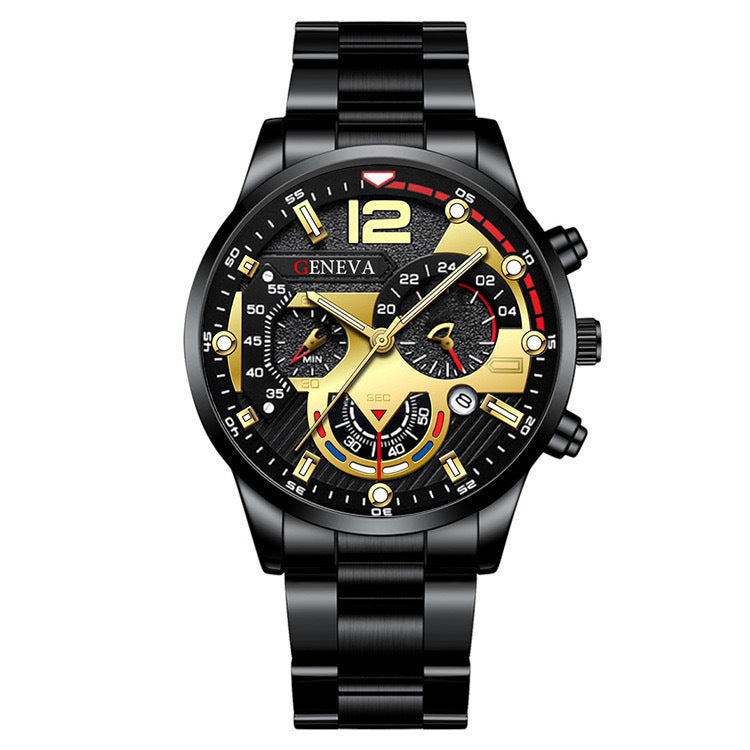 2Pcs Men’s Luxury Steel Strip Quartz Watch & Bracelet Set – Fashion Business Three-Eye Wristwatch Set for Men | Modern Elegant Gift Set