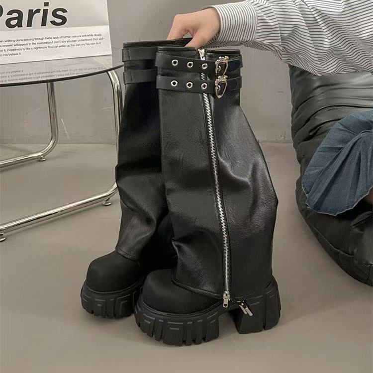 Edgy Black Buckle Strap Combat Boots – Punk-Inspired Mid-Calf Moto Boots for Women