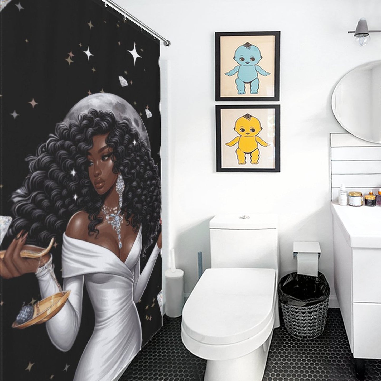 Melanin Libra Women with Diamonds Shower Curtain – Zodiac-Inspired Luxury Bathroom Decor