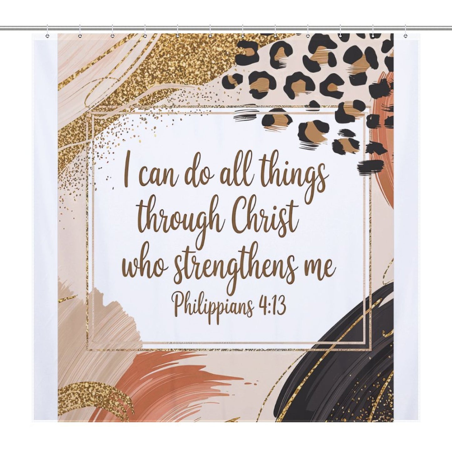 Philippians 4:13 Shower Curtain – Pink, Gold & Leopard Print | Inspirational Bible Verse Bathroom Decor | Christian Faith Home Accent