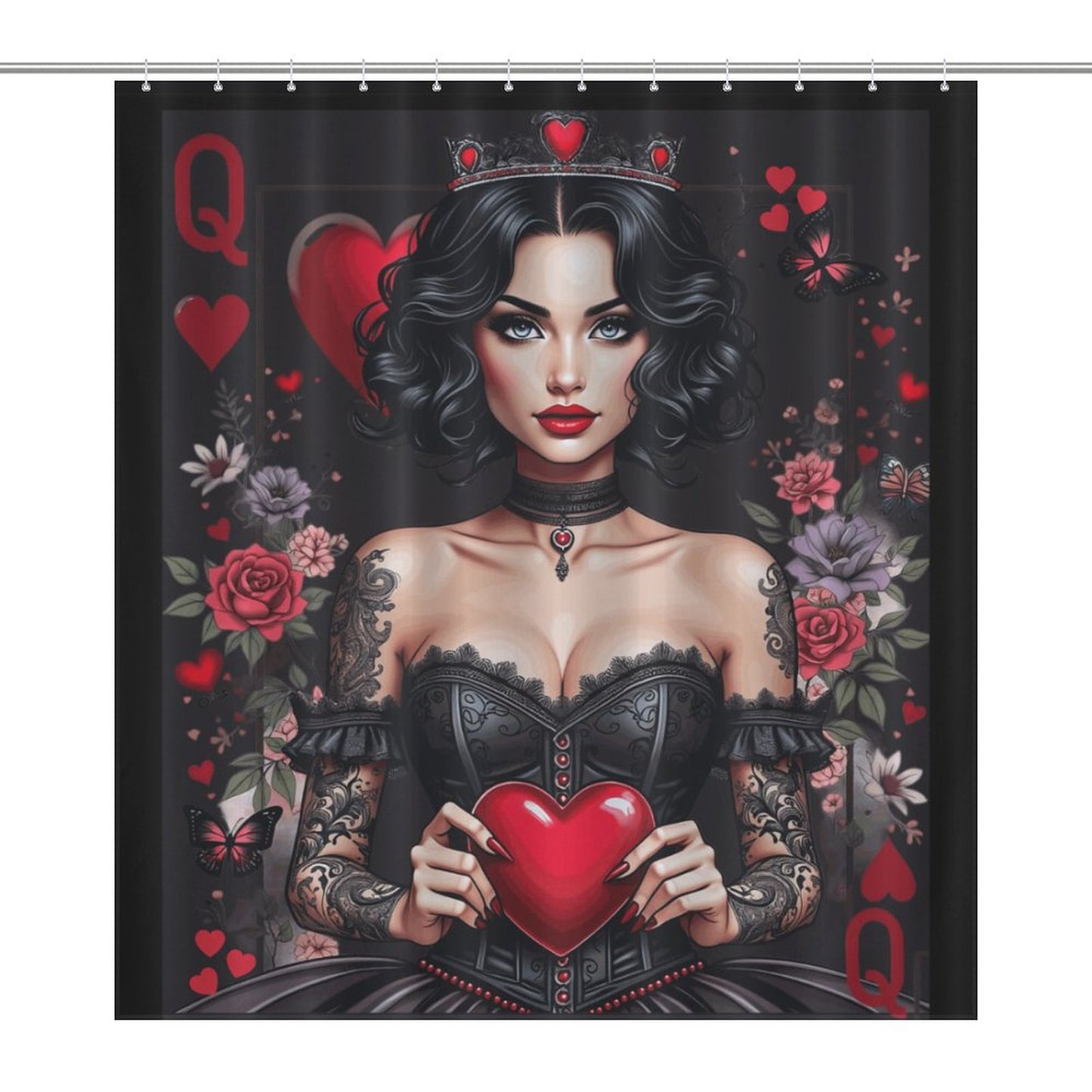 Queen of Hearts Gothic Shower Curtain – Dark Elegance Meets Royalty
