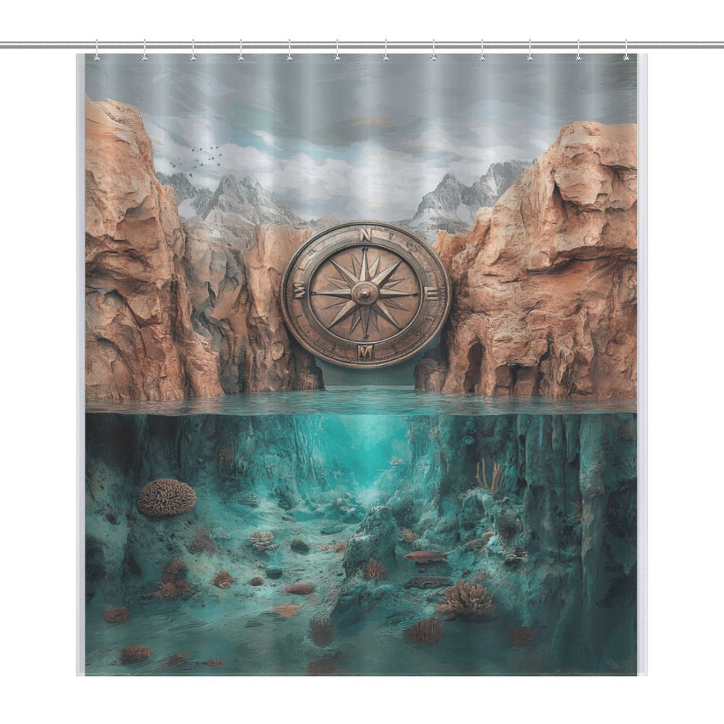 Compass with Mountain Over Water Shower Curtain | Nature Adventure Bathroom Decor | Wanderlust Compass Map Rustic Scenery Curtain