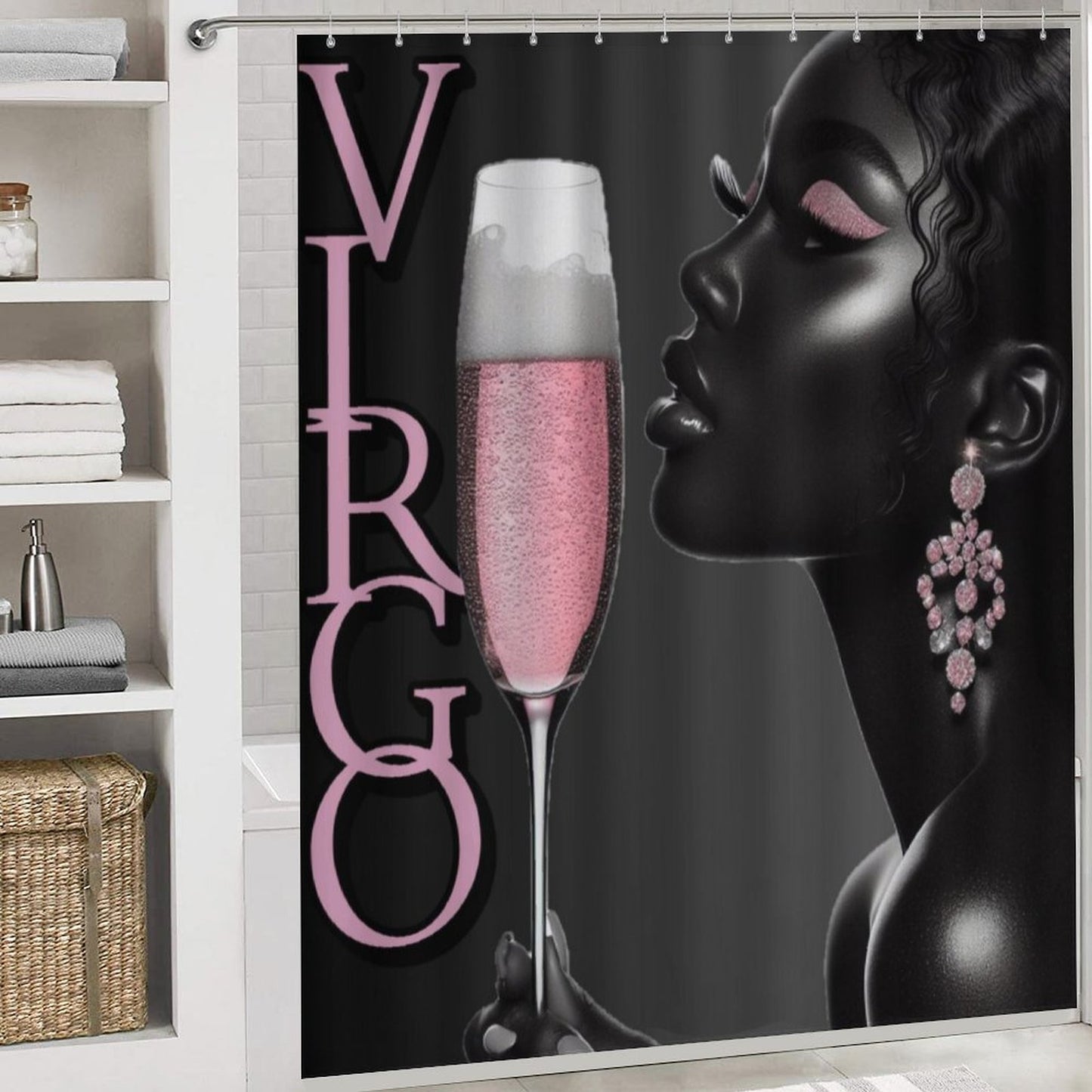 Pink & Black Melanin Virgo Shower Curtain Set with 3 Rugs – Bold Astrology Home Decor