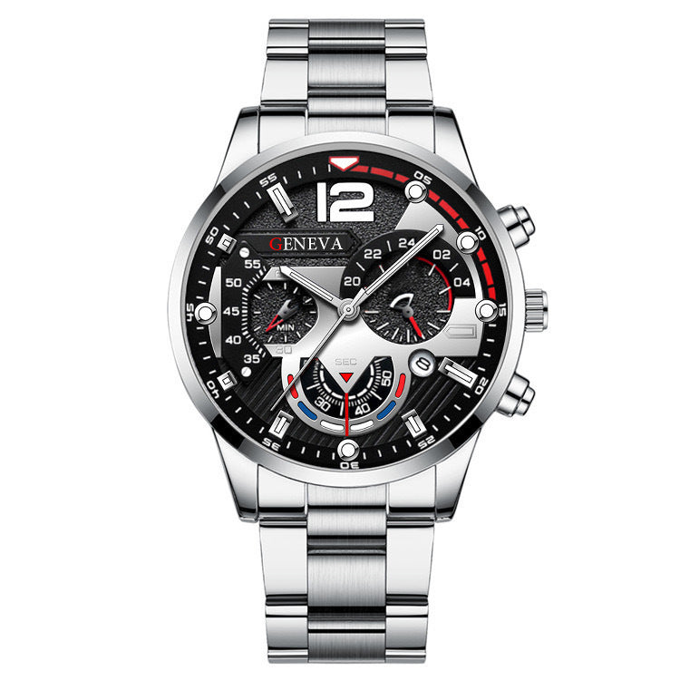 2Pcs Men’s Luxury Steel Strip Quartz Watch & Bracelet Set – Fashion Business Three-Eye Wristwatch Set for Men | Modern Elegant Gift Set