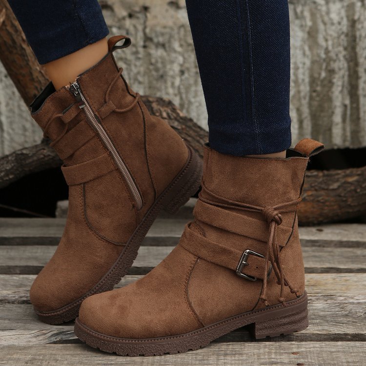 Buckle Square Heel Round Head Fashion Boots New Side Zipper Mid-calf