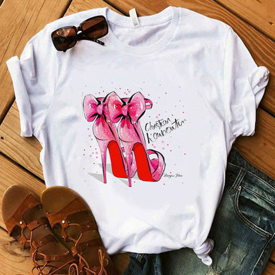 Women's High Heels Pattern Cute Loose Top T-shirt