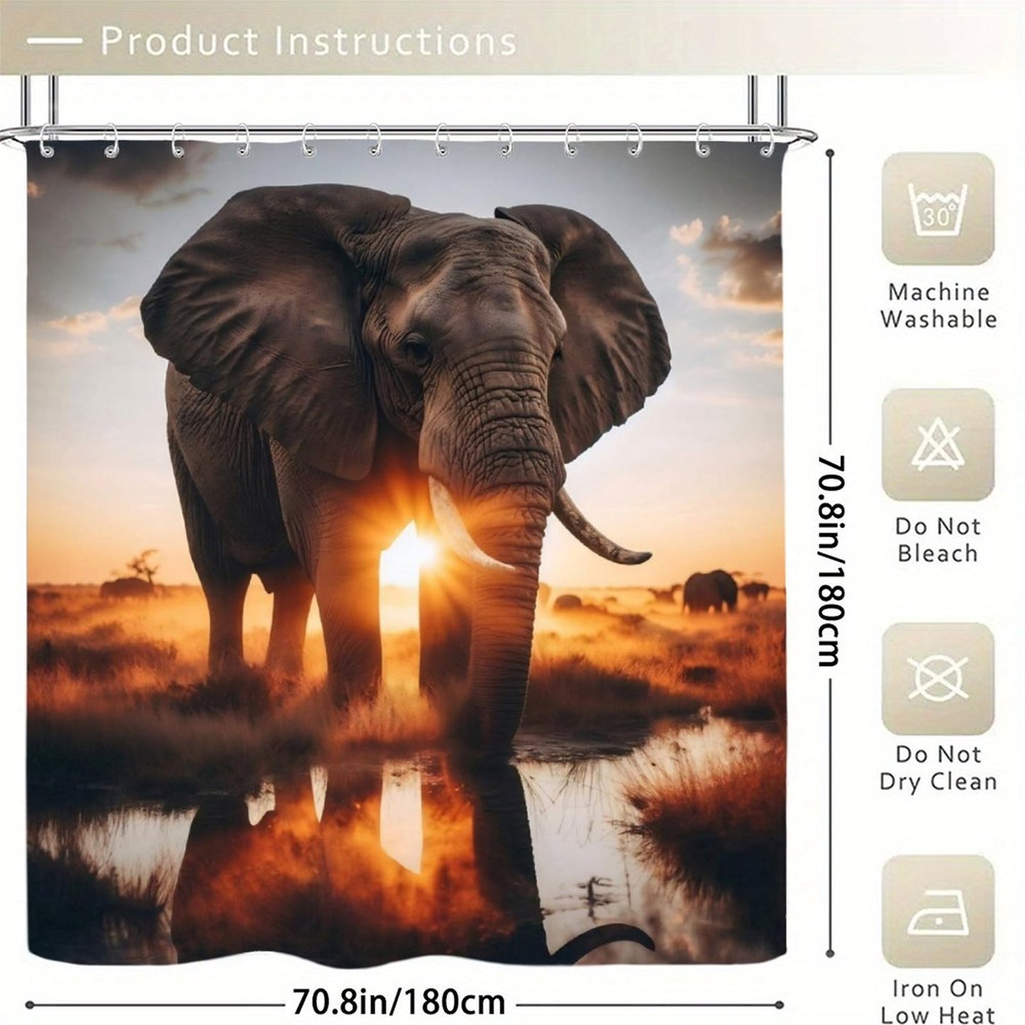 Golden Safari Elephant Shower Curtain | African Sunset Wildlife Bathroom Decor | Rustic Nature Bath Curtain | Boho Safari Home Decor