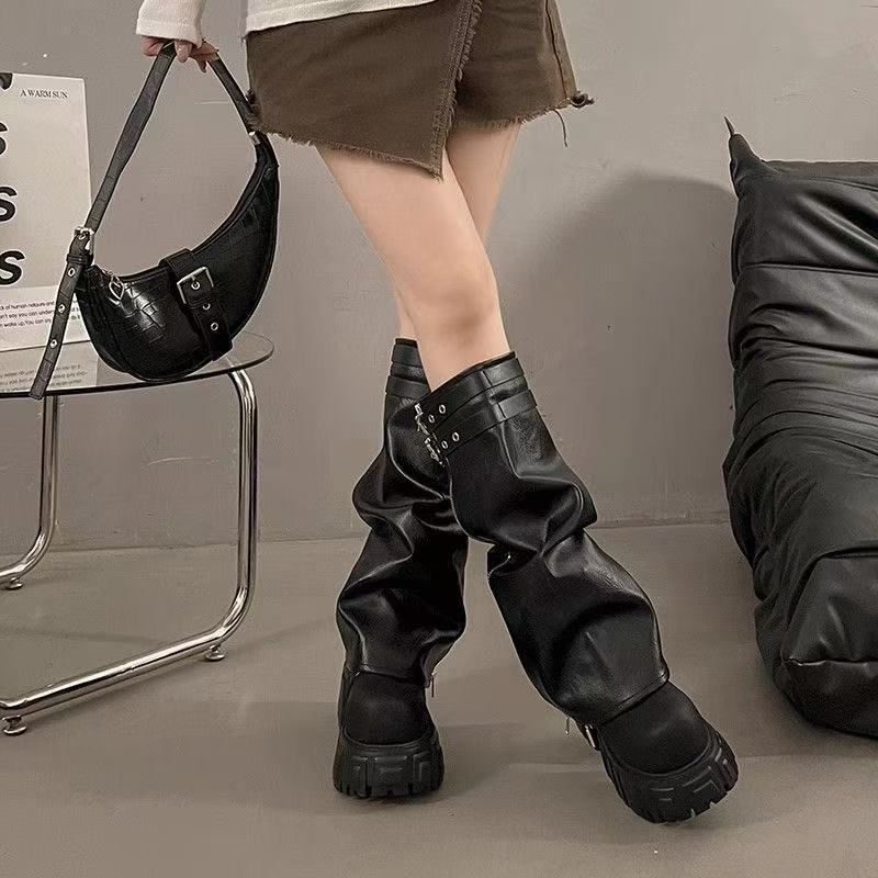 Edgy Black Buckle Strap Combat Boots – Punk-Inspired Mid-Calf Moto Boots for Women