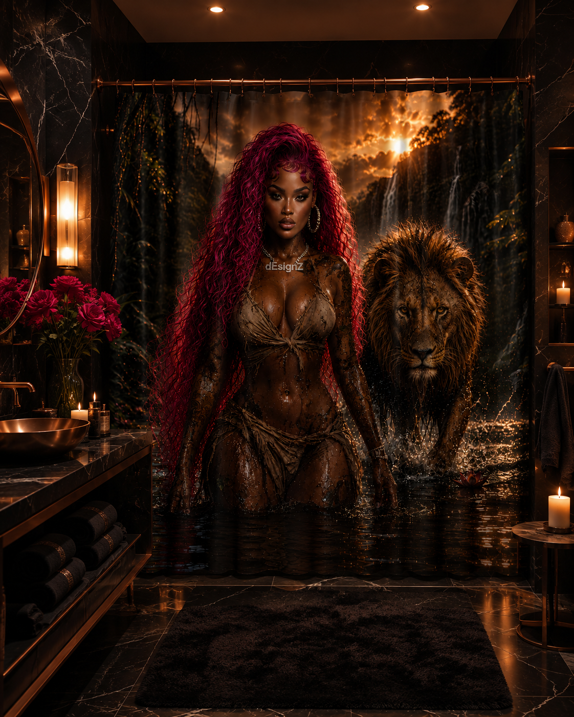 Jungle Queen Lion Shower Curtain, Black Woman Bathroom Decor, Pink Hair Goddess Art, Moody Jungle Bath Decor