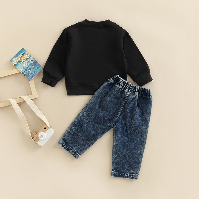 Little Boys Denim Letter Long Sleeve Two-piece Set