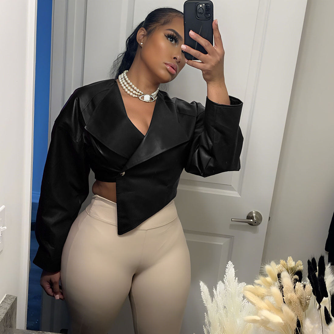 Chic Leather Solid Color Casual Coat for Women – Stylish Fall Outerwear | Elegant Faux Leather Jacket | Streetwear Fashion 2025