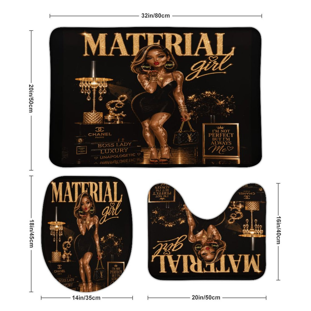 Material Girl Bathroom Mat Set, Black Gold Glam Bath Rugs, 3 Piece Toilet Mat Set, Luxury Bathroom Decor, Boss Lady Bath Set