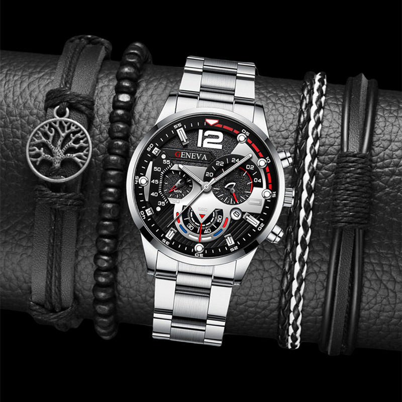 2Pcs Men’s Luxury Steel Strip Quartz Watch & Bracelet Set – Fashion Business Three-Eye Wristwatch Set for Men | Modern Elegant Gift Set