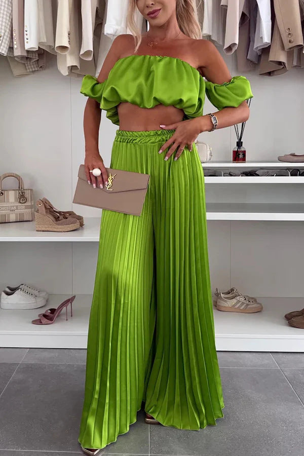 Women’s Satin Tube Top & Wide Leg Pants Set – 2 Piece Elegant Lounge Outfit | Summer Matching Set for Women | Sexy Formal Chic Suit