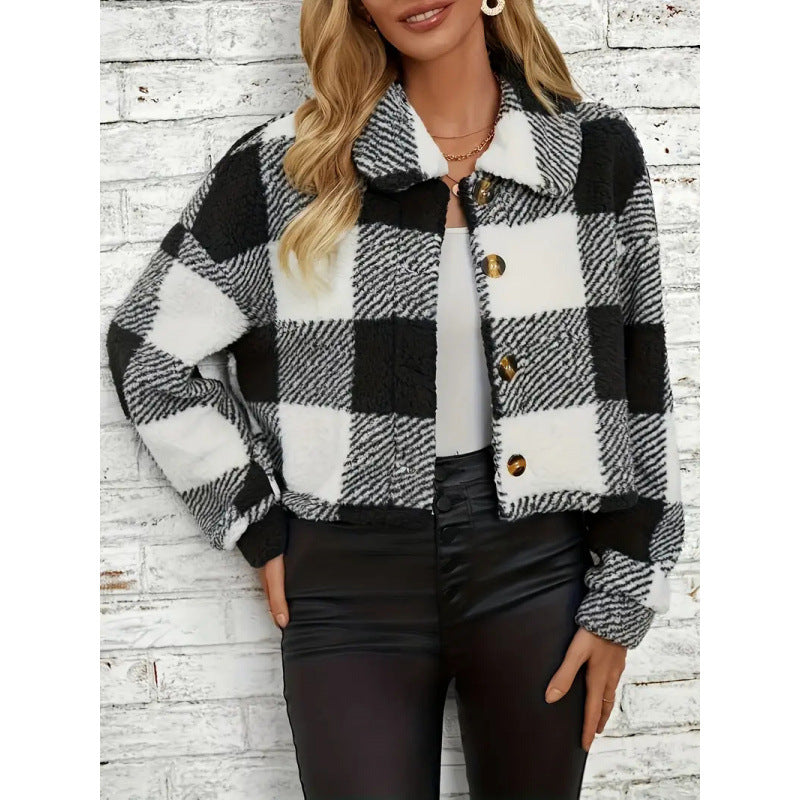 Plaid Pattern Plush Button Cardigan – Cozy Casual Warm Coat for Women, Soft Winter Jacket, Oversized Fall Sweater Coat, Trendy Outerwear Gift